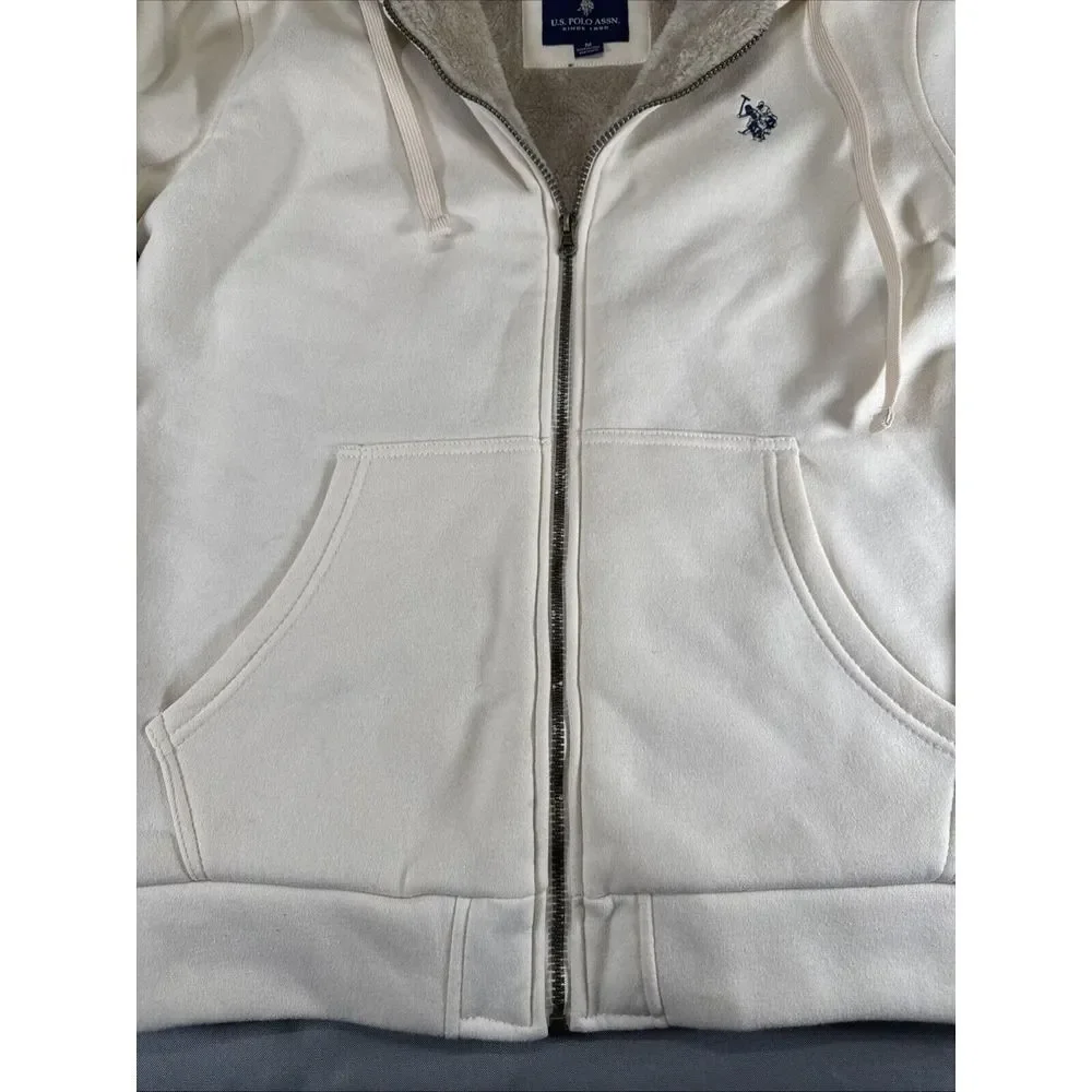 US Polo Assn Sz Medium Oatmeal Colored Sherpa‎ Fur Fleece Hoodie Jacket Pockets